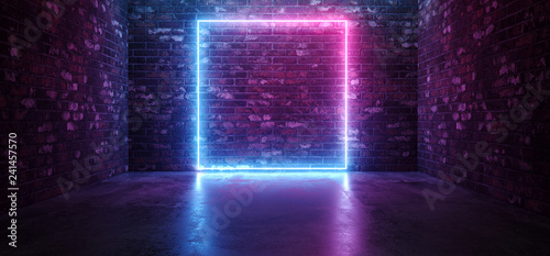 Futuristic Sci Fi Elegant Modern Neon Glowing Rectangle Frame Shaped Lines Tubes Purple Pink Blue Colored Lights In Dark Empty Grunge Concrete Brick Room Background 3D Rendering