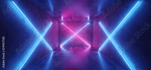 Fototapeta Naklejka Na Ścianę i Meble -  Futuristic Sci Fi Retro Modern Neon Glowing Crossed Shaped Lines Tubes Purple Pink Blue Colored Lights In Dark Empty Grunge Concrete Room Background 3D Rendering