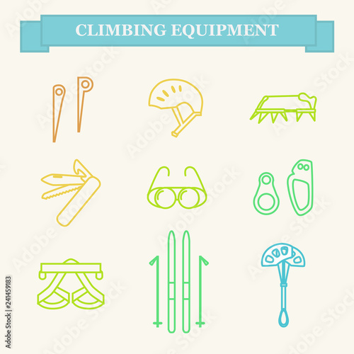 Set line icons of mountaineering equipments. Collection vector icons for climbing, trekking, hiking, tourism, expedition, extreme, camping, outdoor recreation and vacation in mountains.