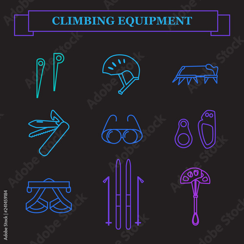 Set line icons of mountaineering equipments. Collection vector icons for climbing, trekking, hiking, tourism, expedition, extreme, camping, outdoor recreation and vacation in mountains.
