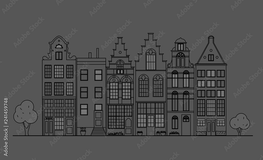 Ancient buildings of the Netherlands executed linearly. Architectural sights