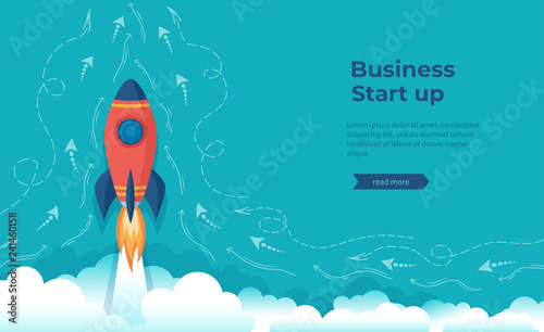 Business project startup, financial planning, idea development process, strategy, management, realization and success. Rocket launch, spaceship. Vector banner 