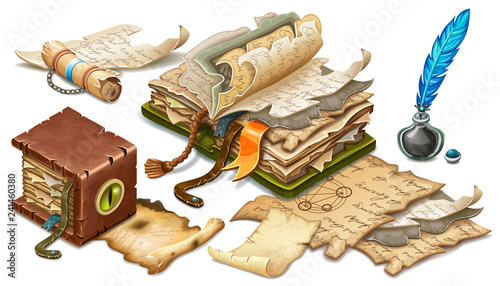 Isometric old book of magic spells and witchcraft decorated snake eye, elixir and inkwell with feather. Poster in cartoon style for computer game. Vector illustration.