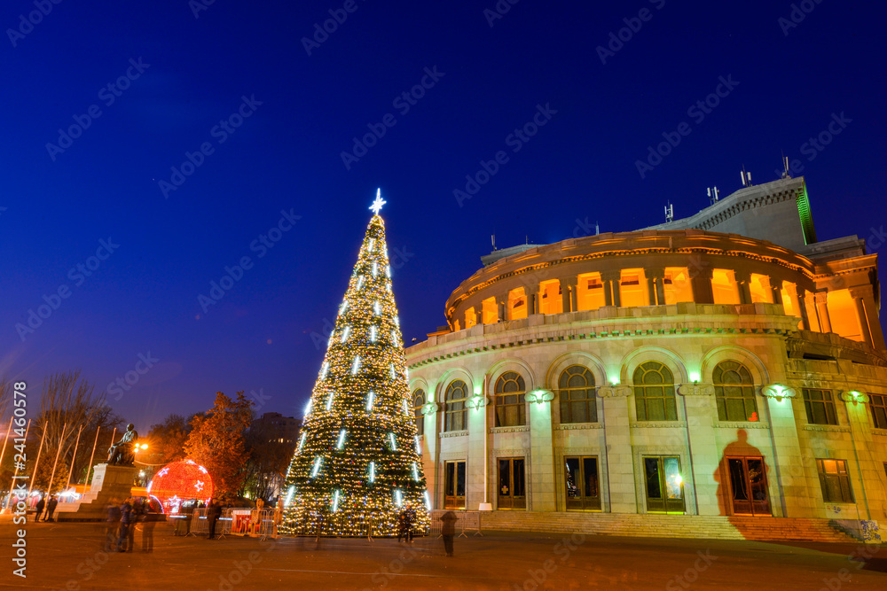 Opera and Ballet Theater at night with Christmas tree,Yerevan