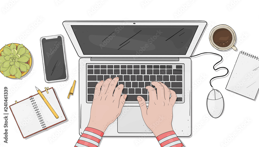 Person works at the laptop. Hands on the computer keyboard and mouse. The view from the top. Colorful vector illustration in sketch style.
