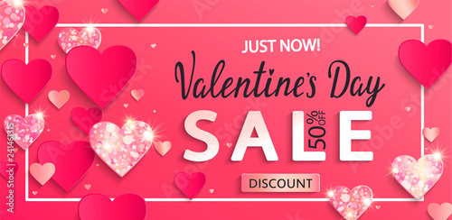 Valentines day sale banner with paper shiny glitter hearts,poster template.Pink abstract background with shimer hearts ornaments, origami style.Discount flyer,card for february 14.Vector illustration.