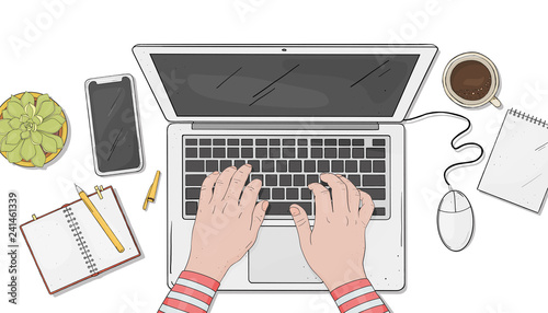 Person works at the laptop. Hands on the computer keyboard and mouse. The view from the top. Colorful vector illustration in sketch style.