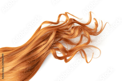 Natural wavy red hair on white background