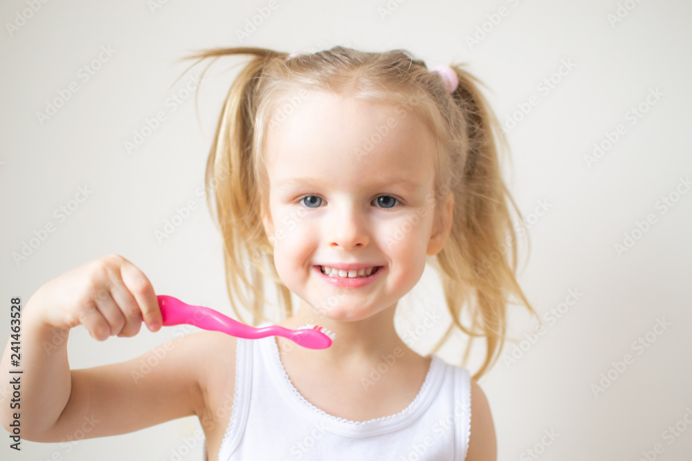 Happy Little Girl Brushing Her Teeth, Pink Toothbrush, Dental Hygiene, Morning Night Healthy Concept Lifestyle Happy Little Girl Brushing Her Teeth, Pink Toothbrush, Dental Hygiene, Morning Night Healthy Concept Lifestyle