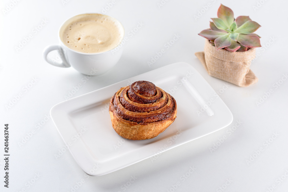 Cup of coffee, cinnamon roll bun pastry and small succulent plant over the white background. Cup of coffee, cinnamon roll bun pastry and small succulent plant over the white background.