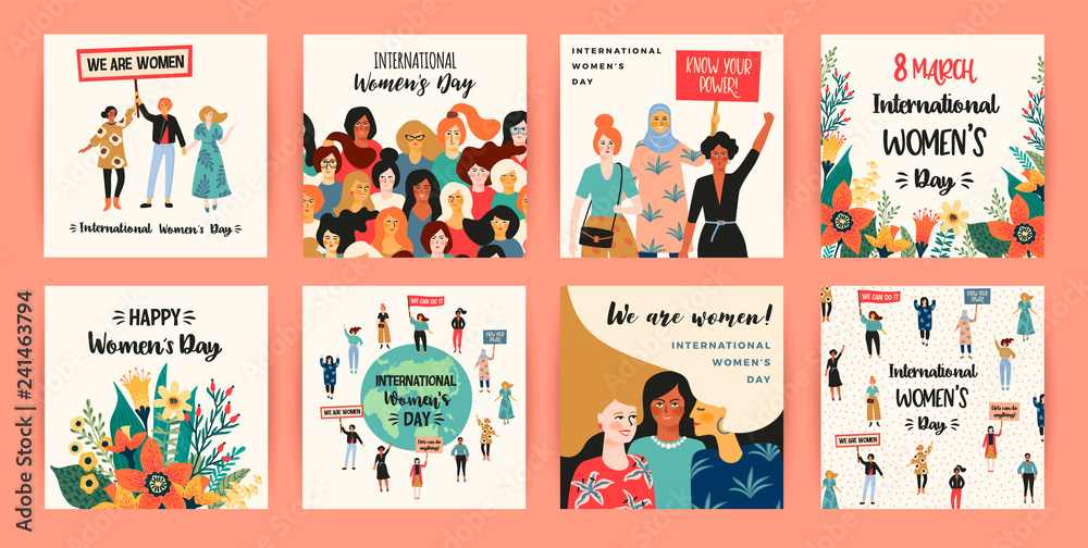 International Womens Day. Vector templates with women different nationalities and cultures.