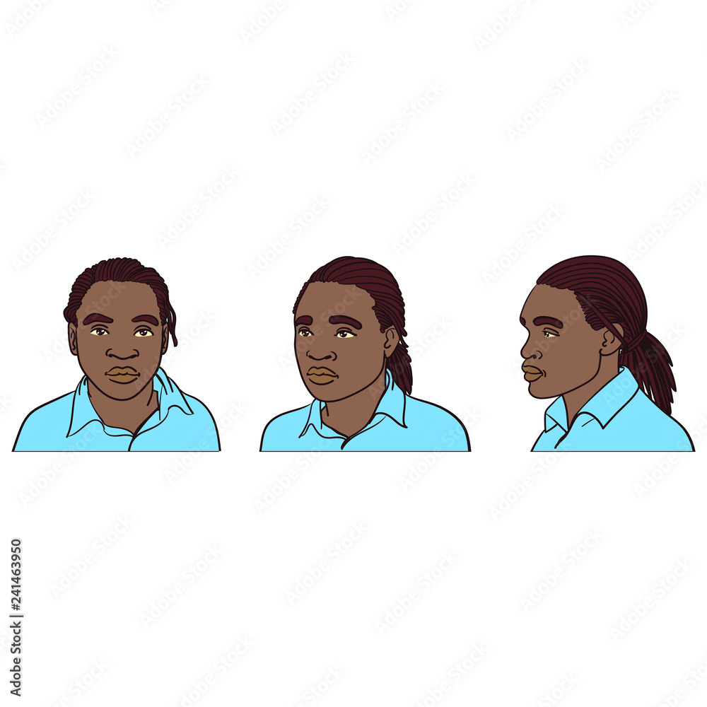 Hand drawn african american with brown skin and neutral facial expression. Rastalocken, front, side, profile. Blue polo shirt. vector graphics, comic. Hand drawn african american with brown skin and neutral facial expression. Rastalocken, front, side, profile. Blue polo shirt. vector graphics, comic.