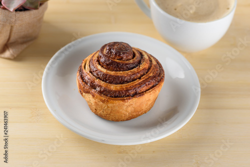 Cup of coffee, cinnamon roll bun pastry Danish Swirl and small succulent plant over the wood background.