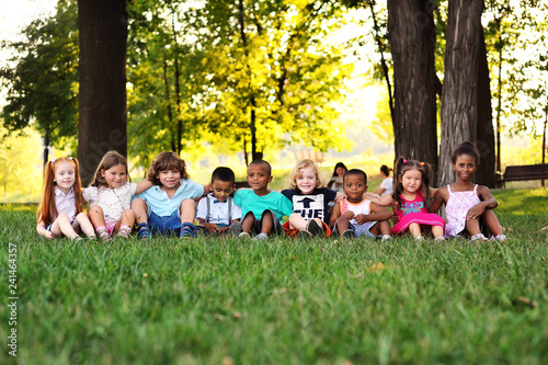 many young children of different races play together in the Park on the green fresh grass. The concept of ethnic friendship of different peoples.