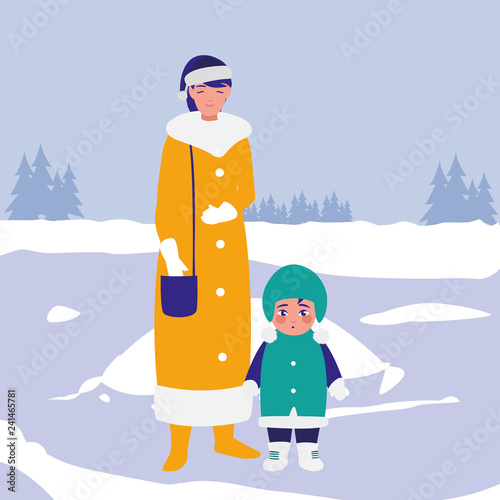 cute mother and son with winter clothes