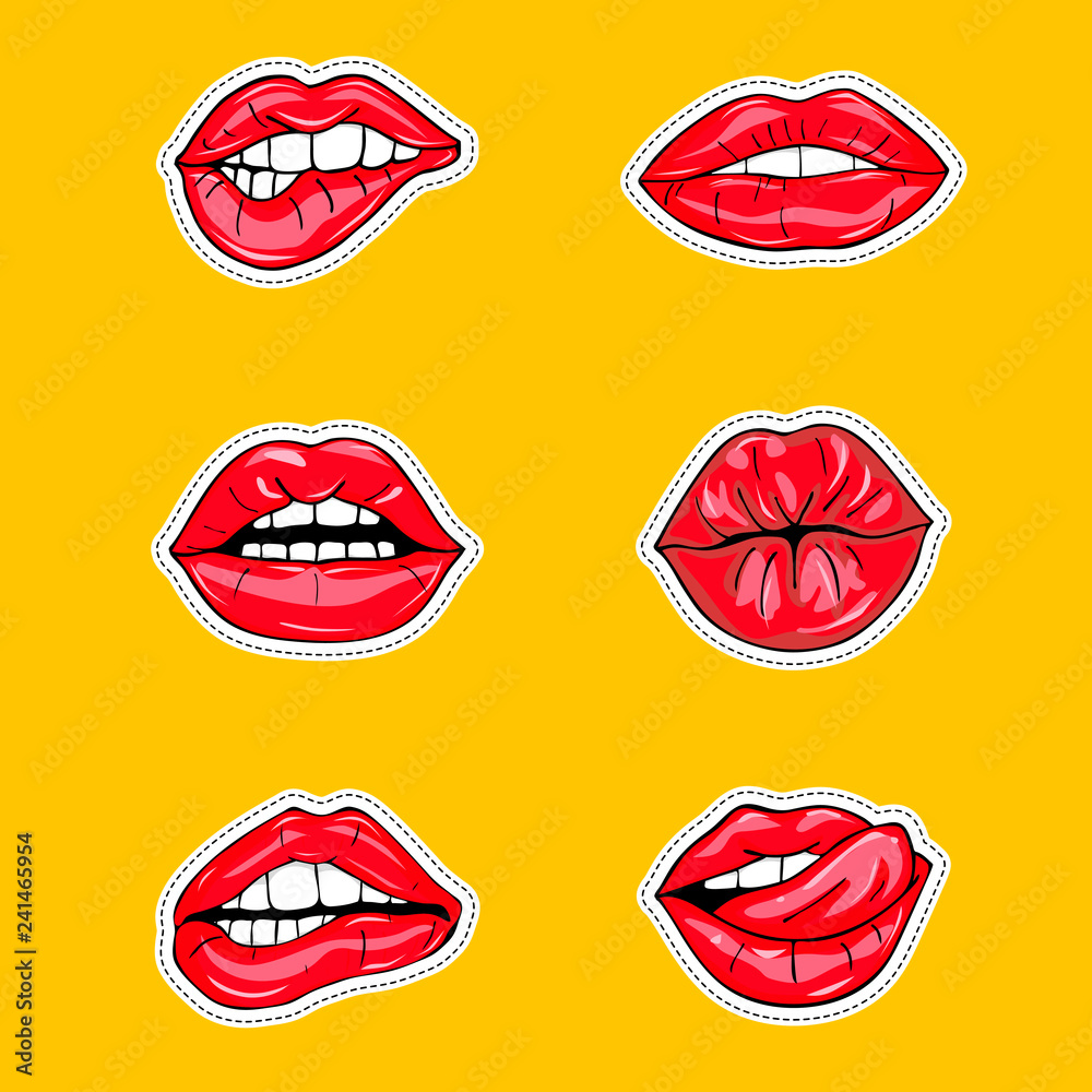 Fototapeta Set of sexy female lips in red glossy lipstick, seductive, kissing, bitten, with tongue, lollipop, cherry, rose, candy. Glamour mouths isolated on yellow background. Pop art style female sexy mouths.