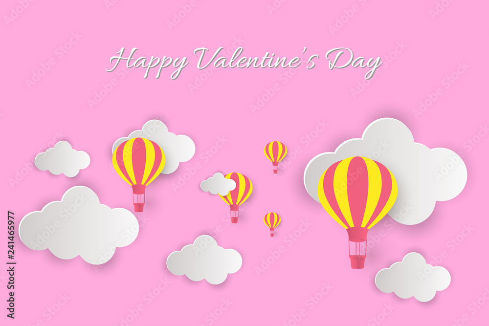 Happy Valentine's Day! Beautiful clouds and air balloons! Abstract paper art 3D vector illustration on pink background. Valentines Day card. 
