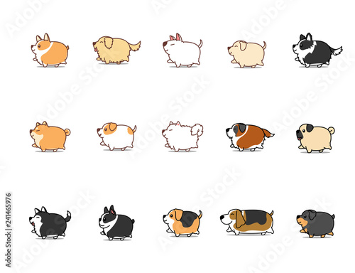 Fat dog walking cartoon icon set, vector illustration