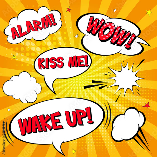 Empty comic collection trendy and Comic speech bubbles set with different emotions and text Alarm, WOW, Kiss me, Wake Up.. Vector bright dynamic cartoon illustrations isolated on yellow background 