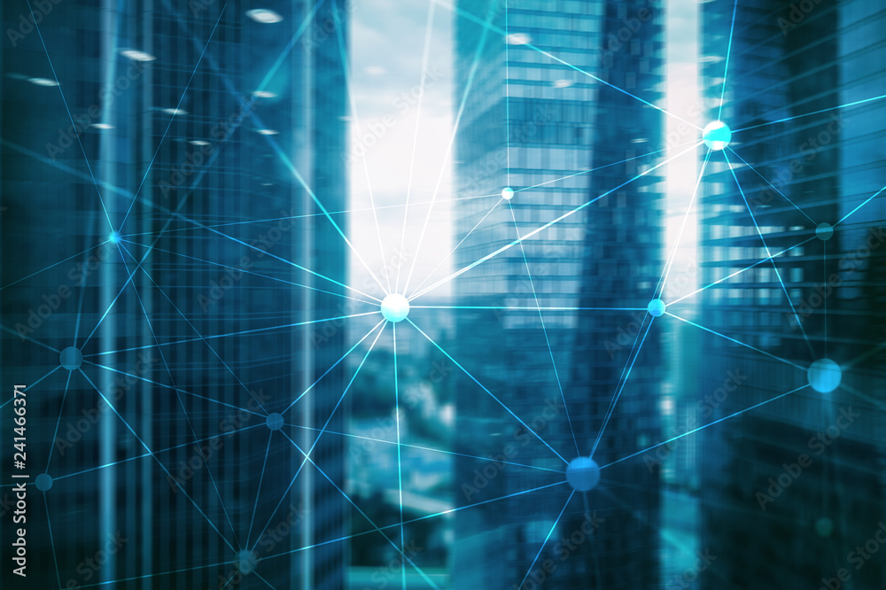 Blockchain network on blurred skyscrapers background. Financial technology and communication concept. Blockchain network on blurred skyscrapers background. Financial technology and communication concept.