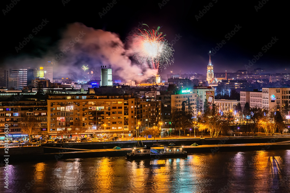 Novi Sad, Serbia - January 01, 2019: Fireworks in Novi Sad, Serbia. New Year`s fireworks. Novi Sad, Serbia - January 01, 2019: Fireworks in Novi Sad, Serbia. New Year`s fireworks.