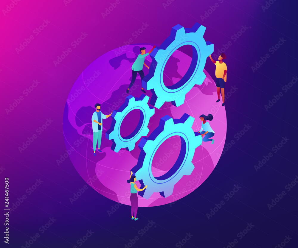 Fototapeta premium Business people international team turning gears on the globe. International business, global business collaboration, international teamwork concept. Ultraviolet neon vector isometric 3D illustration.
