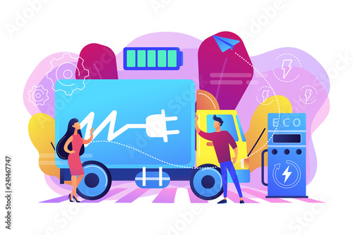 Eco-friendly elecrtic truck with plug charging battery at the charger station. Electric truck, eco-friendly logistics, modern transportation concept. Bright vibrant violet vector isolated illustration