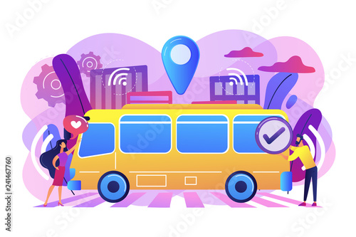 Passengers like and approve autonomos robotic driverless bus. Autonomous public transport, self-driving bus, urban transport services concept. Bright vibrant violet vector isolated illustration
