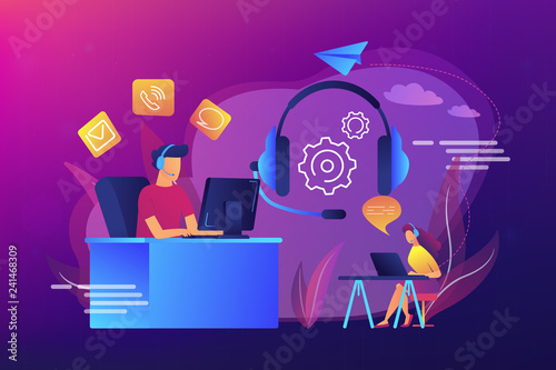 Contact center agents with headsets working at computers. Contact center, customer service point, customer relationship management concept. Bright vibrant violet vector isolated illustration