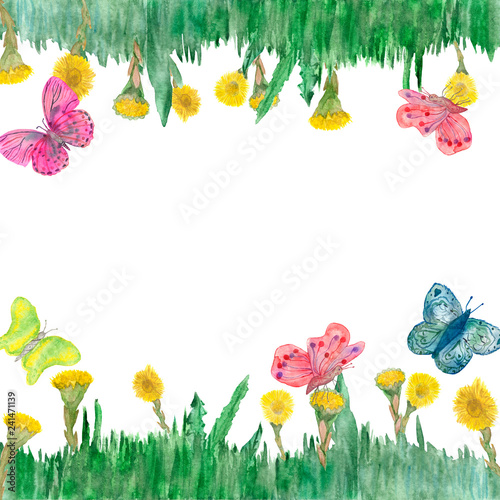 Bright watercolor pattern, green grass with leaves, yellow flowers and butterflies on white background. Spring fresh pattern with bright print, hand painted for beautiful greeting cards design, holida