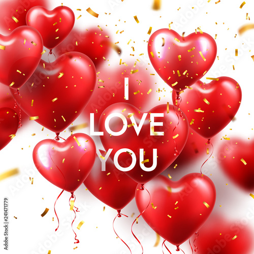 Valentines Day Background With Red Heart Balloons And Golden Confetti. Romantic Wedding Love Greeting Card. February 14.