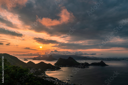 Sunset over sea in Rio de Janeiro view from Niteroi City Park