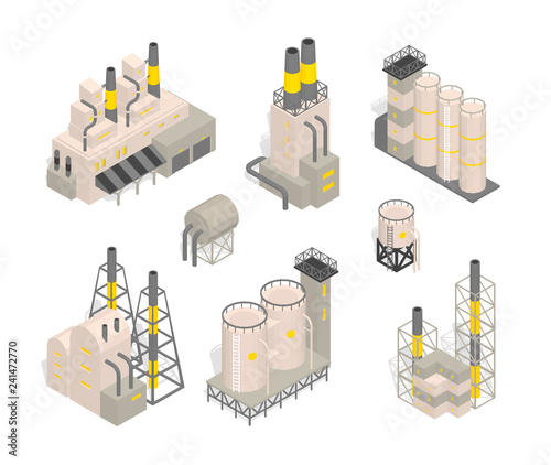 Set industrial factories plant building Isometry vector illustration. Industrial production factory.