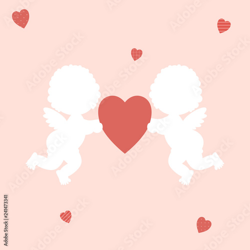 Valentine`s day: cute little white silhouettes of boy and girl cupids hold a red heart on a pink background surrounded by original hearts with polka dots, stripes and checkered.Vector illustration