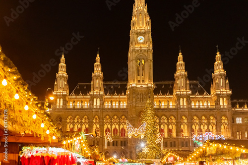 The Christmas market in front of the Rathaus City hall of Vienna, Austria