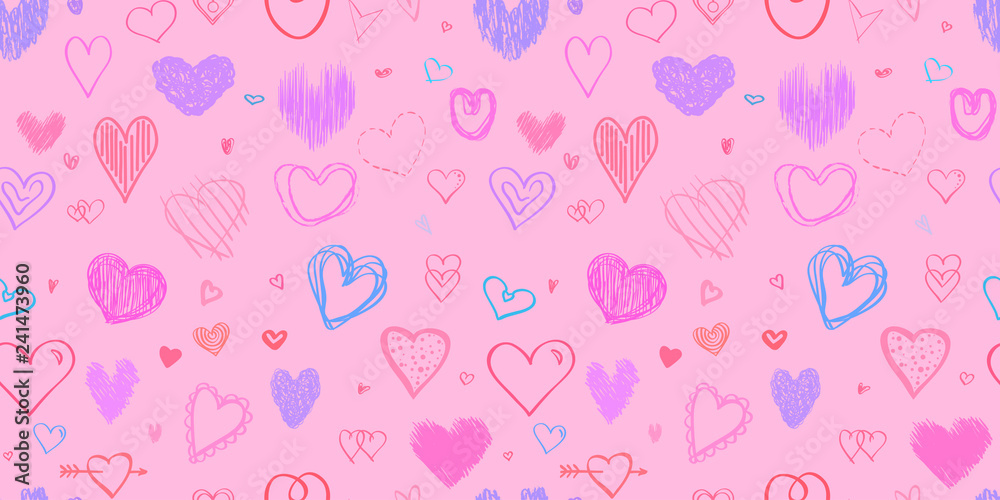 Hand drawn abstract background with hearts. Seamless grungy wallpaper on surface. Chaotic texture with love signs. Lovely pattern. Line art. Print for banner, flyer or poster. Colorful illustration