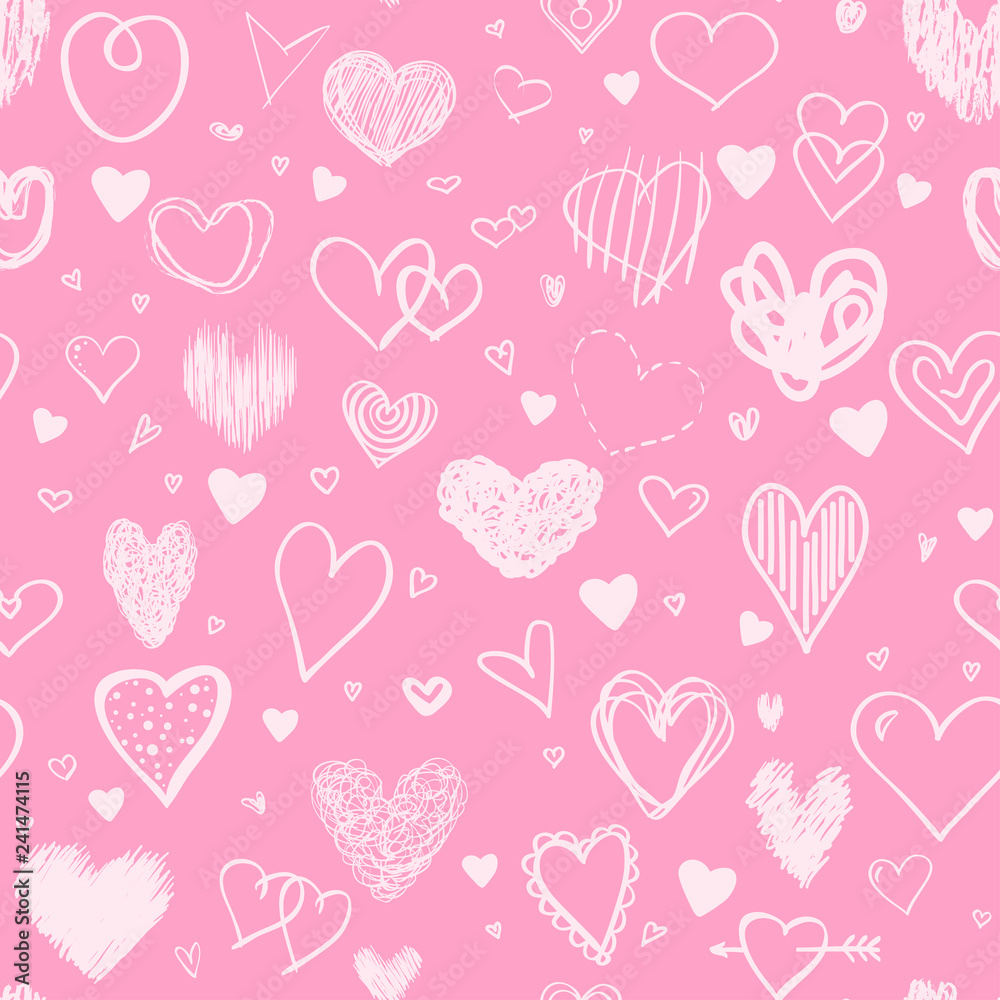 Hand drawn background with grunge hearts. Seamless grungy wallpaper on surface. Chaotic texture with many love signs. Lovely pattern. Line art. Print for banner, flyer or poster. Colorful illustration