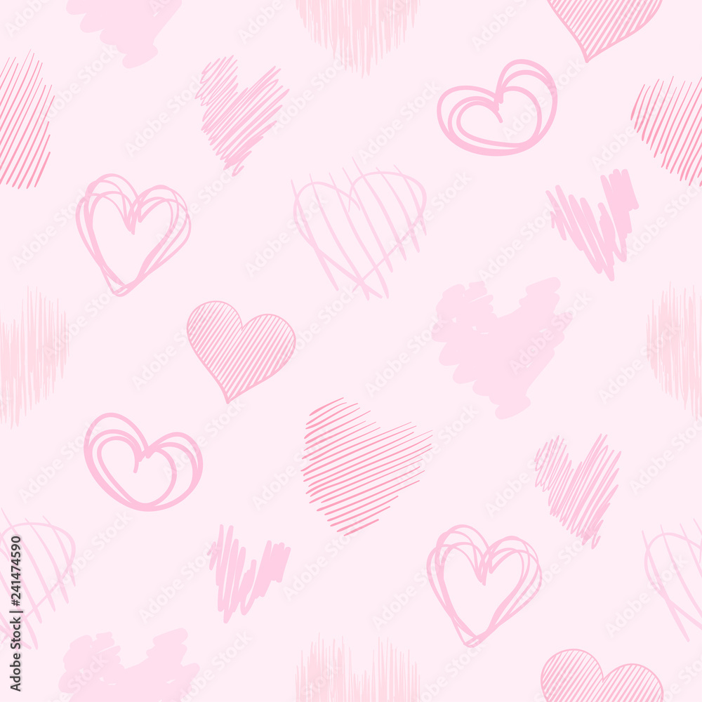 Hand drawn background with colored hearts. Seamless grungy wallpaper on surface. Chaotic texture with love signs. Lovely pattern. Line art. Print for banner, flyer or poster. Colorful illustration
