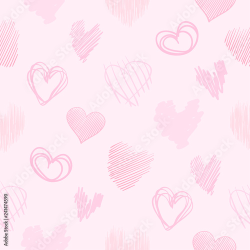 Hand drawn background with colored hearts. Seamless grungy wallpaper on surface. Chaotic texture with love signs. Lovely pattern. Line art. Print for banner, flyer or poster. Colorful illustration