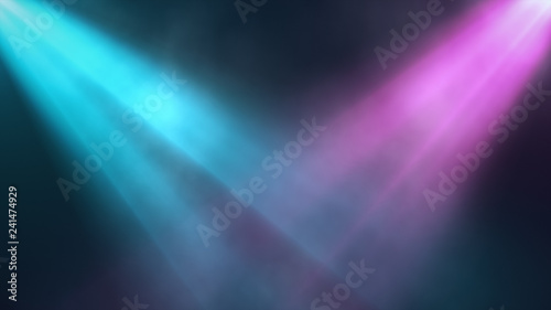 Bright colorful spotlights shine into the scene in smoke, concert background. 3d illustration