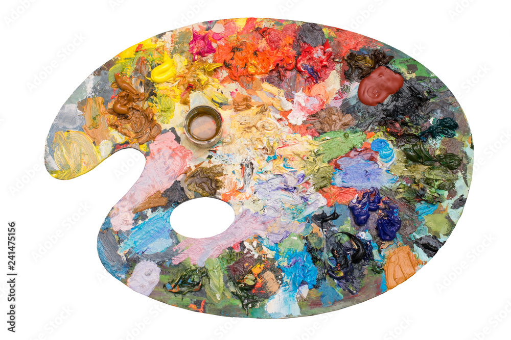 Fototapeta premium Art palette with acrylic paints on an isolated background