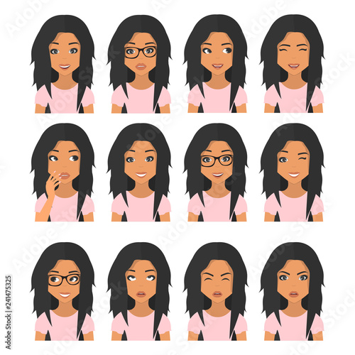 Woman with black hair and emotions. Beautiful woman portrait with different facial expressions set, isolated on white background. User icons. Avatar Vector illustration