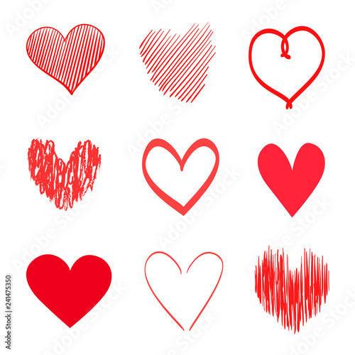 Colorful hearts on isolated white background. Hand drawn set of love signs. Unique abstract image for design. Line art creation. Colored illustration. Elements for poster or flyer