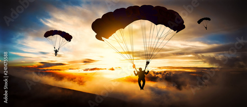 Silhouette parachutist landing at sunset