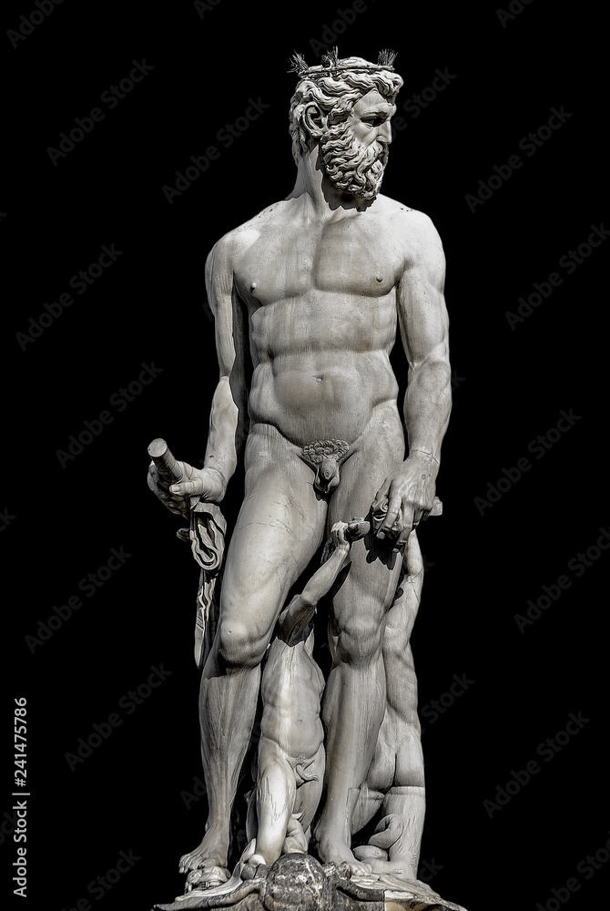 Statue of powerful Neptune in Florence, Italy, isolated at black background, details Statue of powerful Neptune in Florence, Italy, isolated at black background, details