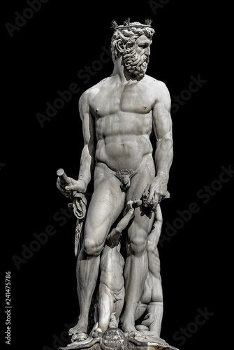 Statue of powerful Neptune in Florence, Italy, isolated at black background, details