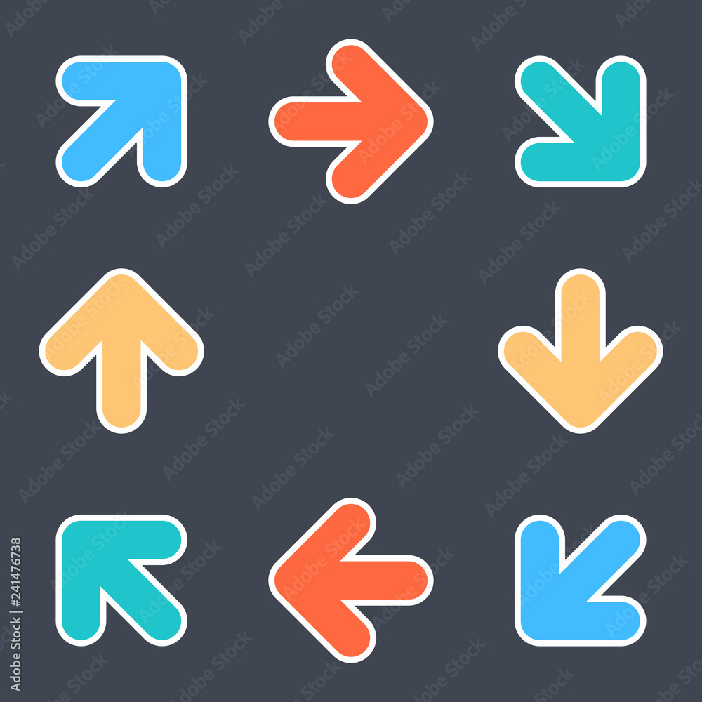 Arrows signs make a circle movement. Colored icons with a white outline created in flat style. The design graphic element is saved as a vector illustration in the EPS file format. Arrows signs make a circle movement. Colored icons with a white outline created in flat style. The design graphic element is saved as a vector illustration in the EPS file format.