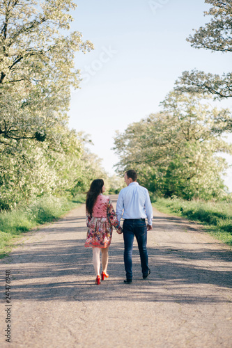 Beautiful young couple holding hands and walking on road in sunshine among spring field and trees. Happy family in love relaxing  in sunlight. Romantic joyful moments. Space for text © sonyachny