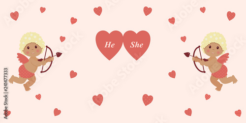 Valentine's day: cute little boys Cupids hold an arrow bow and aims at the red hearts on a pink background surrounded by original hearts in polka dots, stripes and checkered.Vector illustration