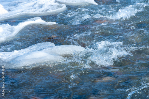 A detailed look at the water runs under the ice in the river. Snow melts from the mountains and flows in the creek